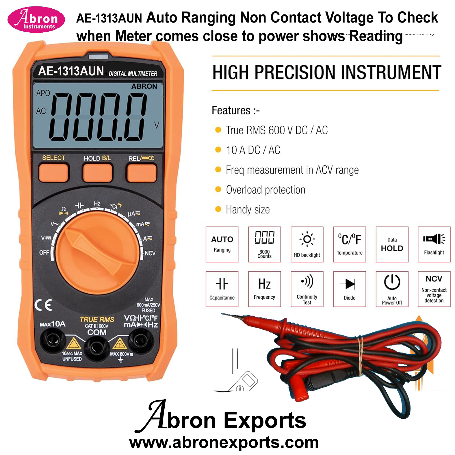 Digital multimeter Auto ranging Non contact Voltage Test True RMS 6000 Counts 600V ACDC 10A ACDC, Resistance Frequency Continuity Capacitance Temperature tests Abron AE-1313AUN 